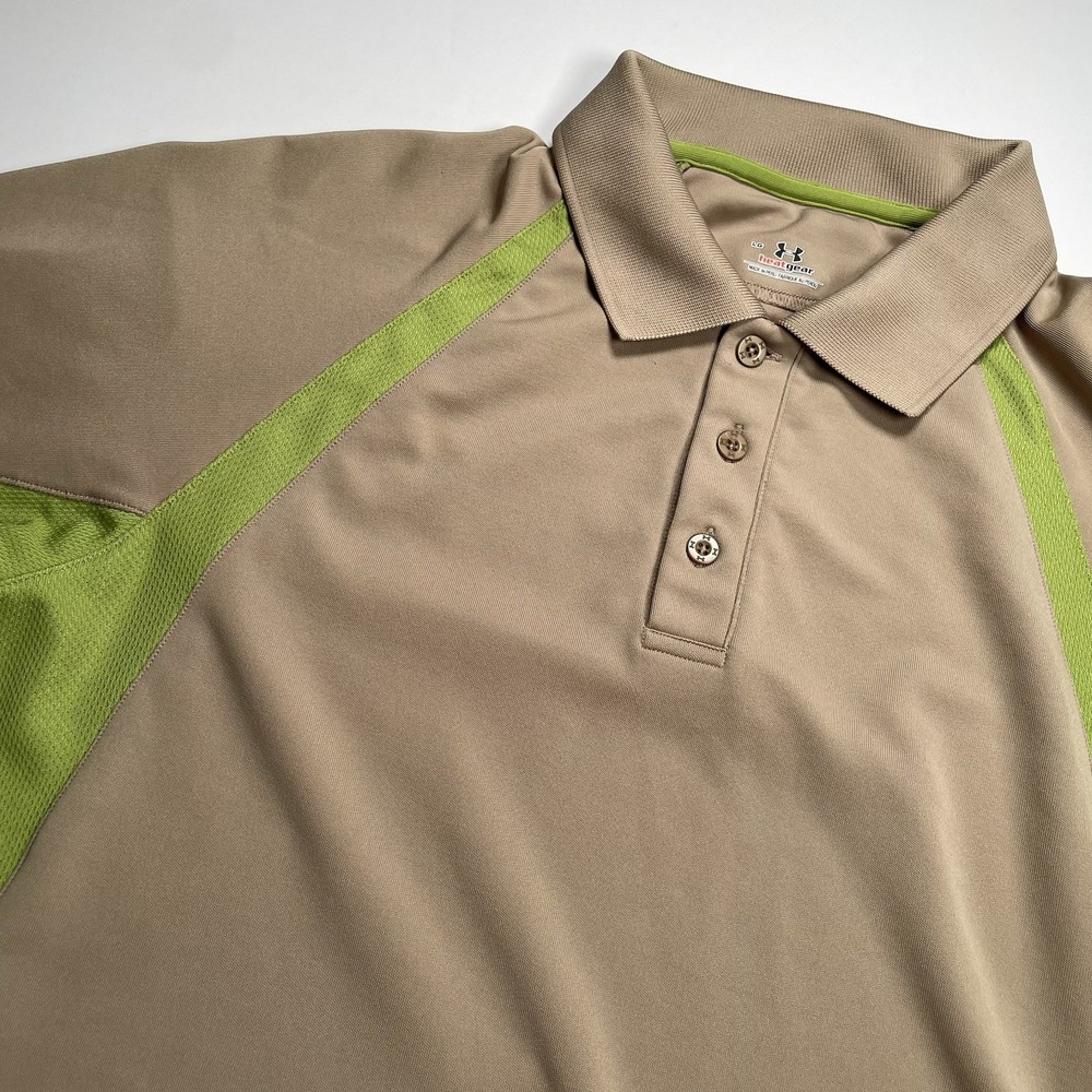 Under Armour Polo Shirt Men L Short Sleeve Stretch‎ Heatgear Golf Fish Tan Green